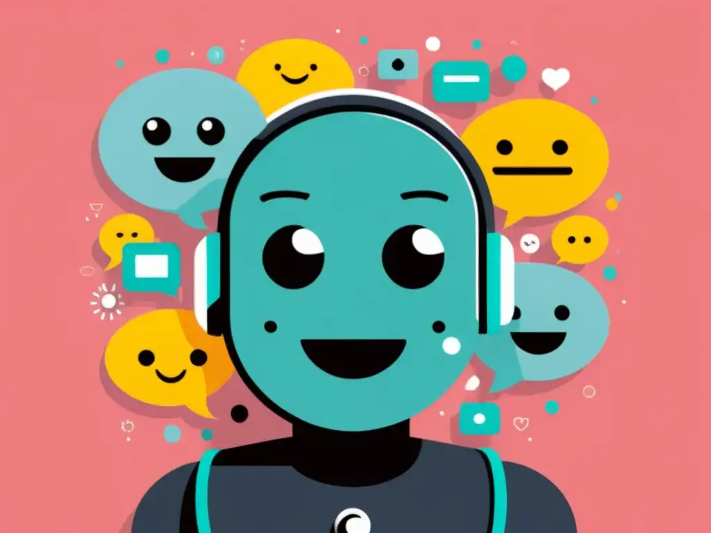 Un chatbot con rostro humano muestra diversas expresiones emocionales mientras analiza sentimientos en speech bubbles