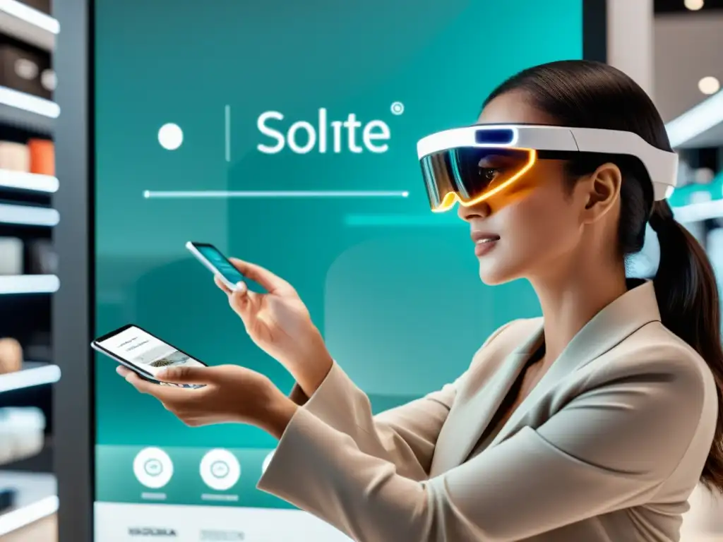 Cliente usando gafas de realidad aumentada en tienda online futurista