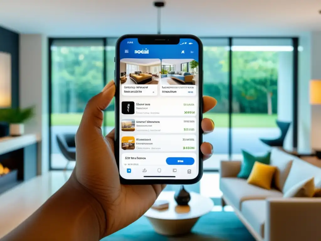 Cliente disfruta la integración de redes sociales en comercio electrónico en un elegante smartphone en una sala moderna y luminosa