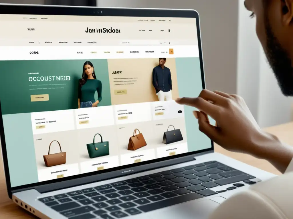 Cliente explorando productos en un sitio de comercio electrónico moderno, con técnicas de upselling y cross-selling integradas