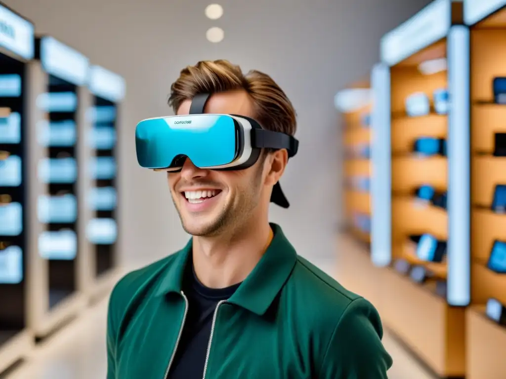 Cliente satisfecho usando gafas virtuales en experiencia de compra online con realidad aumentada