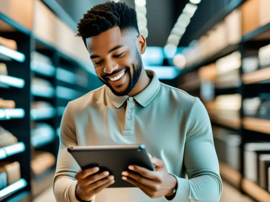 Cliente satisfecho navegando en interfaz de comercio electrónico moderna en tablet