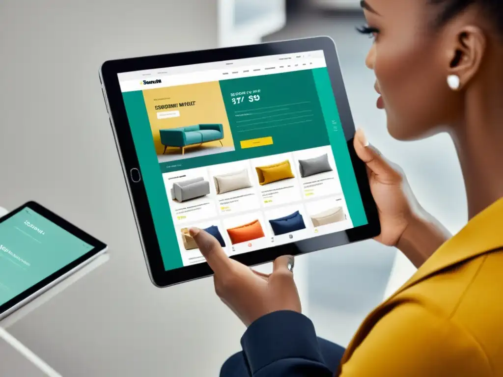 Un cliente navega por un sitio web de comercio electrónico en una tableta, mostrando una experiencia de compra fluida y agradable