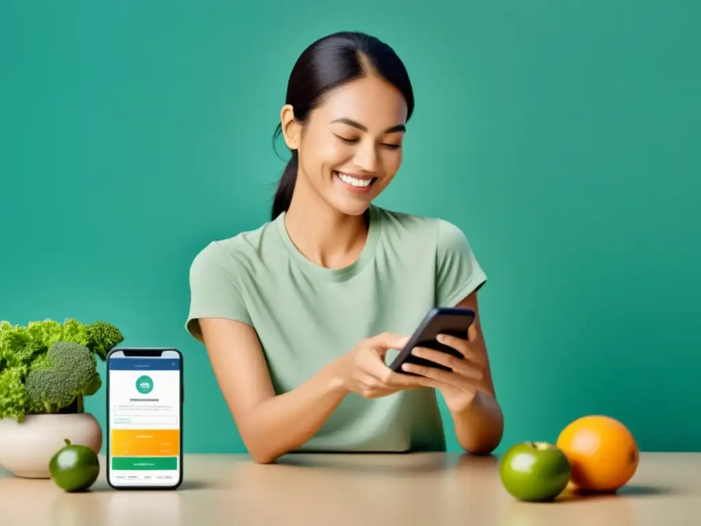 Un cliente sonriente navega en un elegante smartphone por un ecommerce de salud