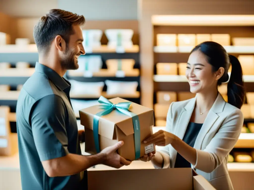 Un cliente sonriente recibe un paquete bellamente envuelto de un empleado de la tienda, destacando la fidelización postcompra en comercio electrónico