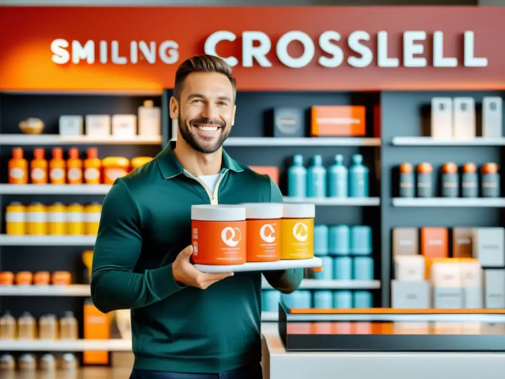 Cliente sonriente muestra productos en tienda moderna, ilustrando las mejores estrategias CrossSelling UpSelling