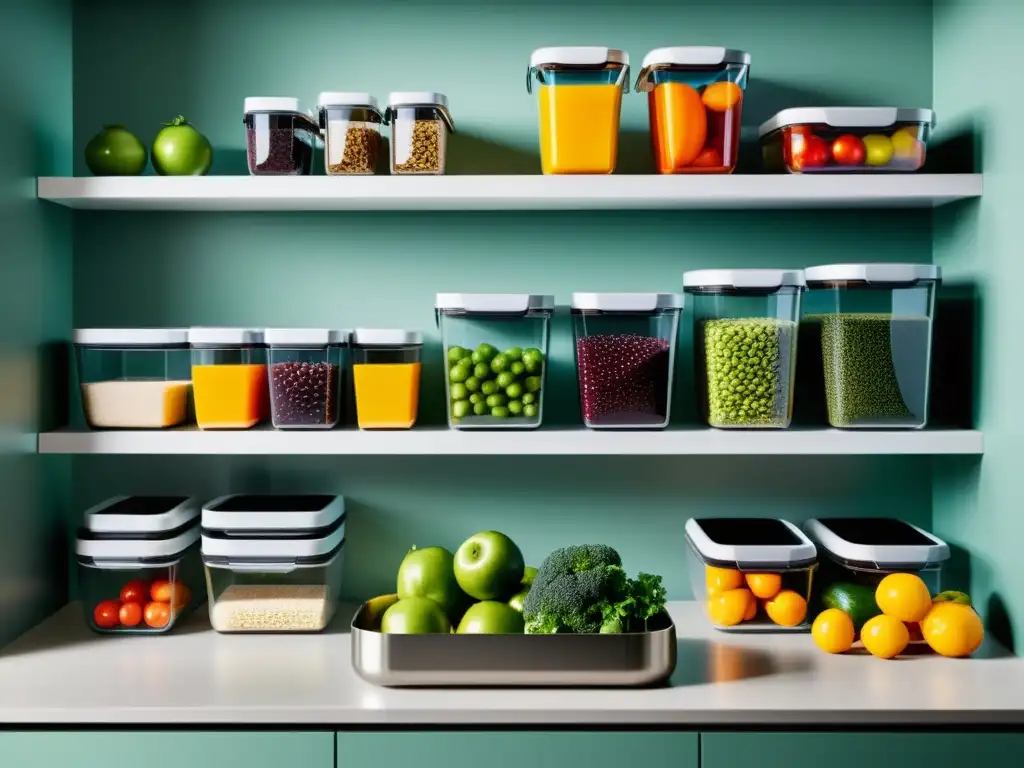 Una cocina minimalista y moderna con contenedores sostenibles organizados, resaltando la gestión sostenible de alimentos en ecommerce