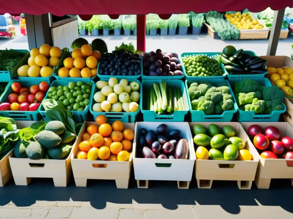 Una colorida escena de un puesto de venta directa de productos frescos en el mercado