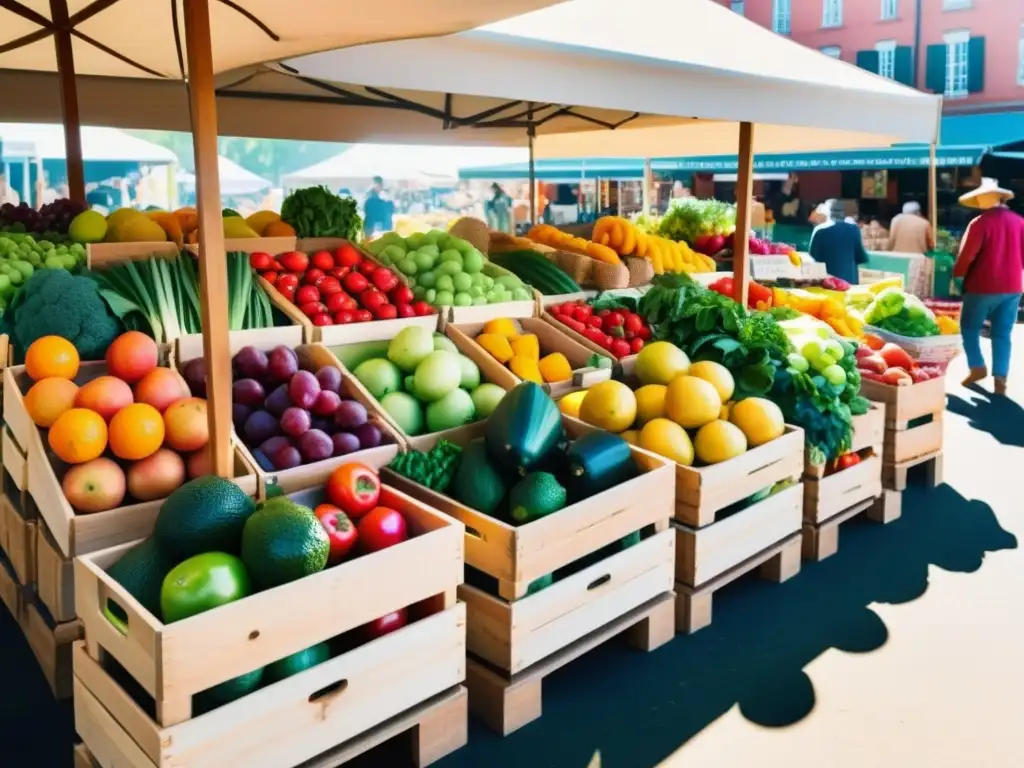 Una colorida y vibrante escena de una parada de mercado con una variedad de frutas y verduras frescas