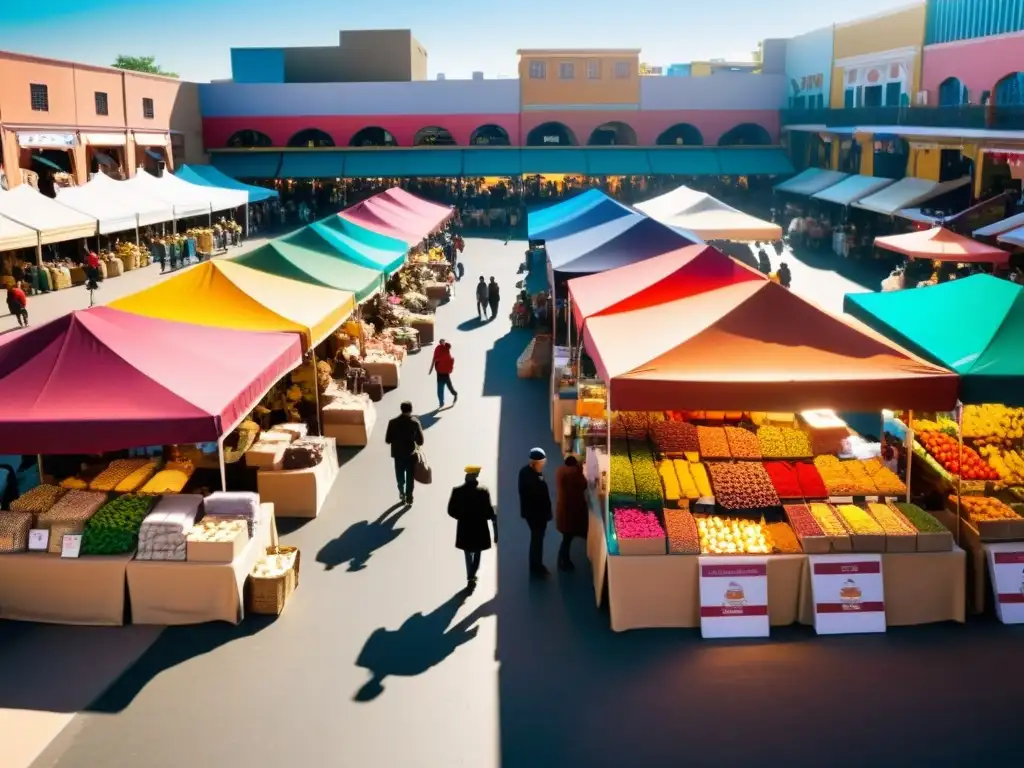 Colorido mercado en economía emergente, con clientes y vendedores bajo toldos