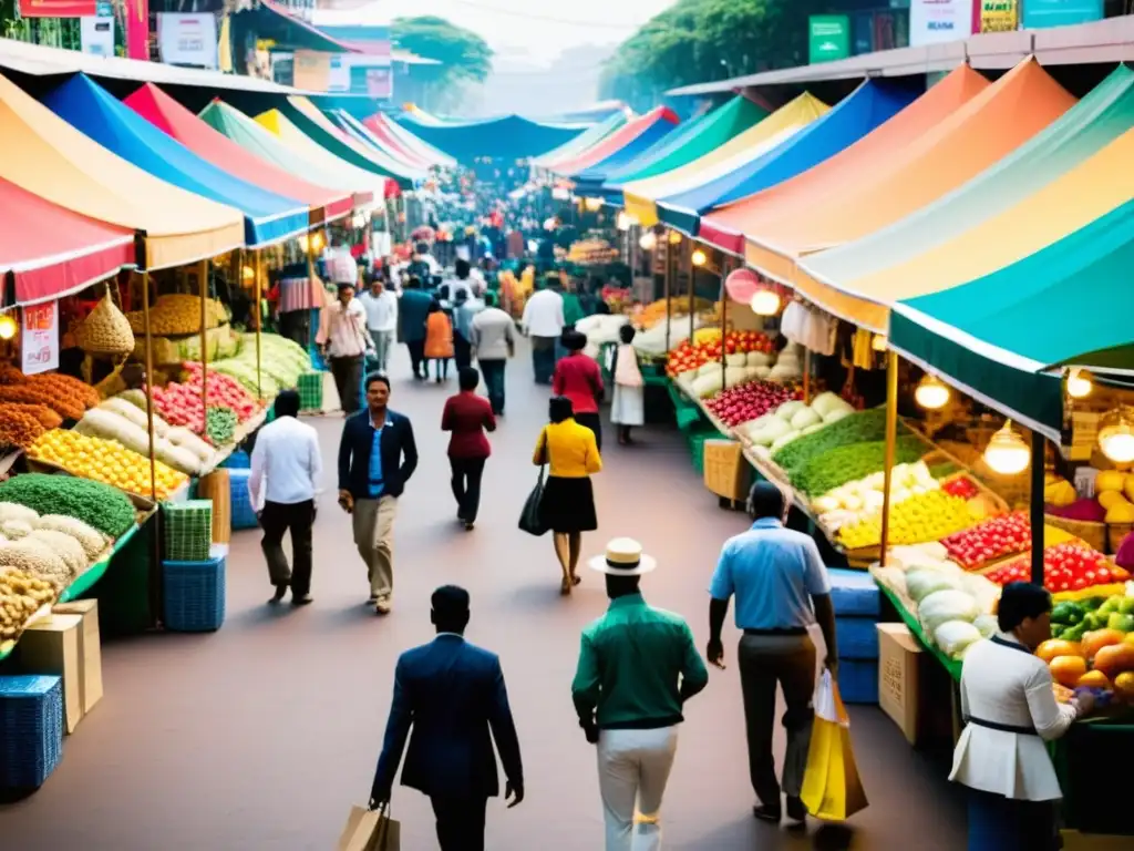 Colorido mercado en economía emergente con consumidores interactuando, reflejando la diversidad y energía del comercio en economías emergentes