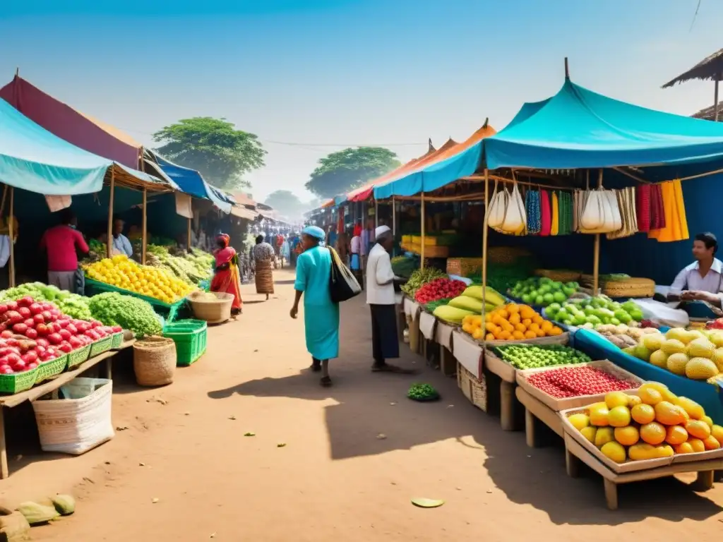 Colorido mercado en un país en desarrollo, con puestos de frutas, verduras y artesanías bajo un cielo despejado