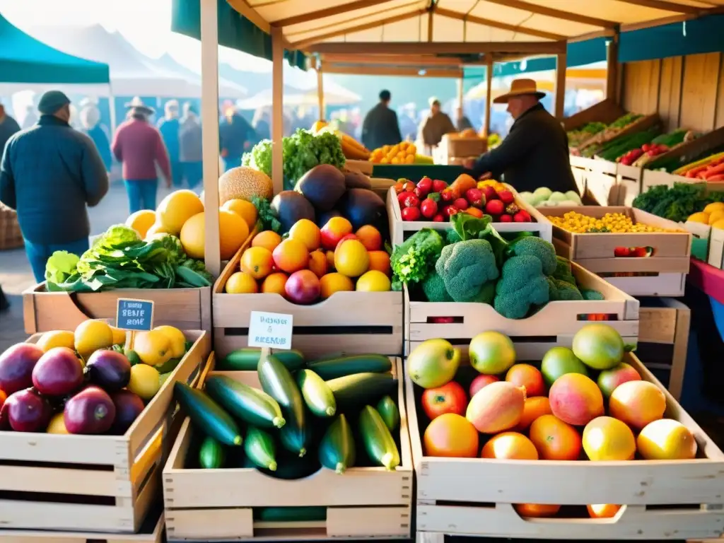 Un colorido puesto de venta directa de productos frescos en el mercado, con una variedad de frutas y verduras frescas en cajas de madera y cestas de mimbre, bañadas por la cálida luz del sol