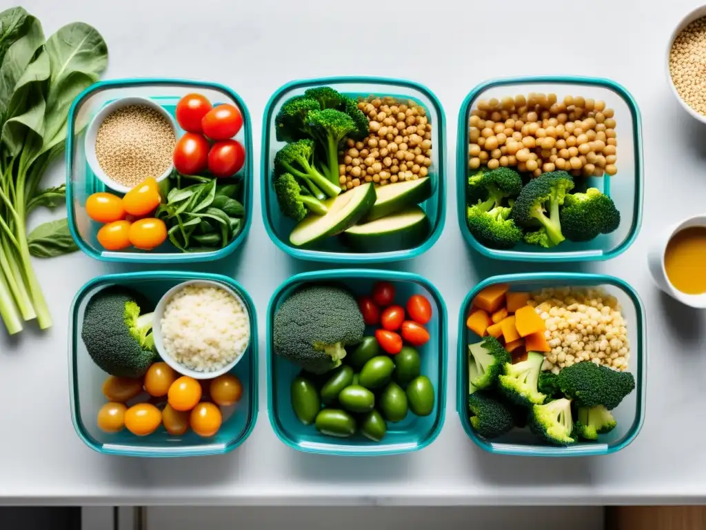 Un estación de preparación de comidas ordenada y eficiente, con alimentos frescos y coloridos en contenedores minimalistas