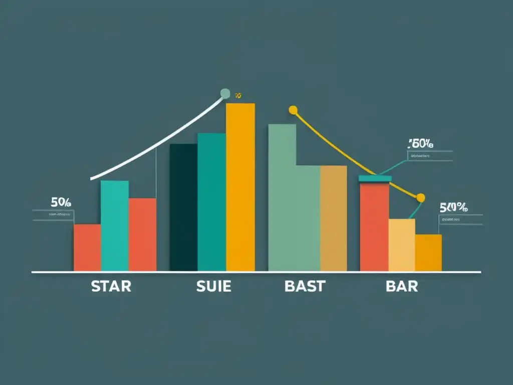 Comparativa estrategias precios marketplaces: Ilustración minimalista de gráficos de barras conectados que representan estrategias de precios para marketplaces y tiendas independientes, con colores modernos y líneas limpias