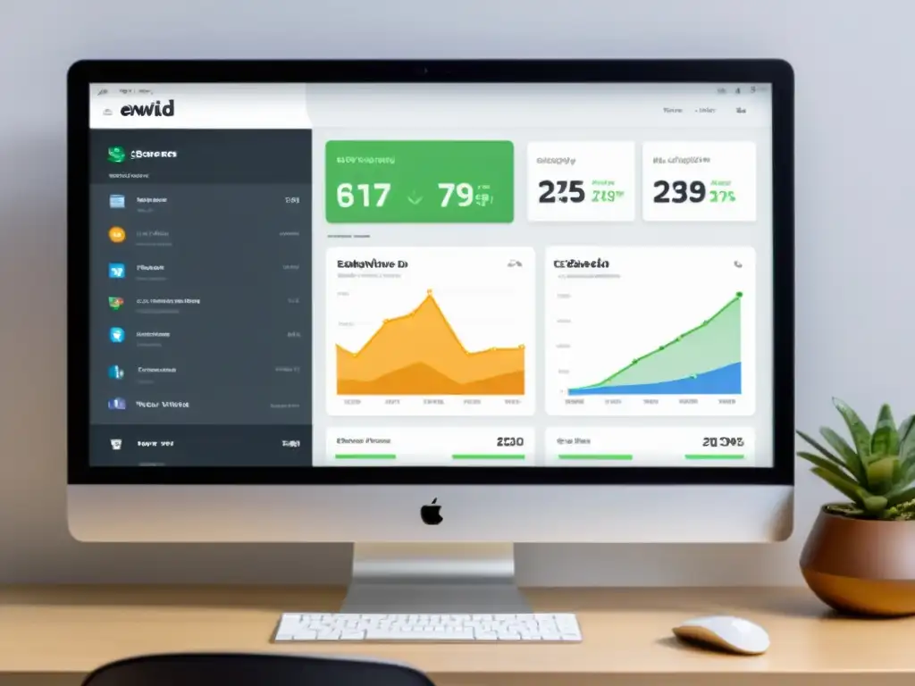 Comparativa integración Ecwid vs Shopify: Pantallas de ordenador con dashboards claros y opciones de integración avanzadas