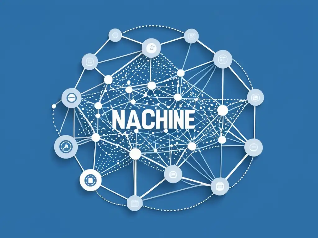 Compleja ilustración de algoritmo de machine learning para recomendaciones de productos online, con nodos interconectados en tonos de azul, reflejando sofisticación tecnológica