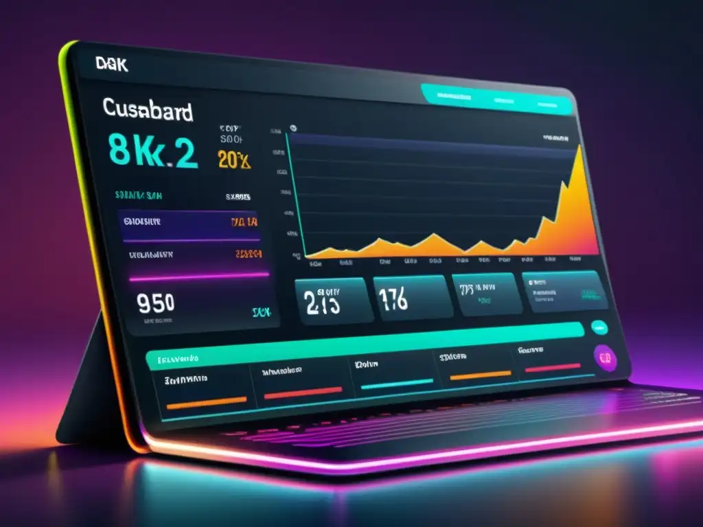 Compleja visualización de datos en un elegante tablero, representando la medición del Customer Journey en el Comercio Electrónico con líneas y nodos intrincados en vibrantes colores de alto contraste