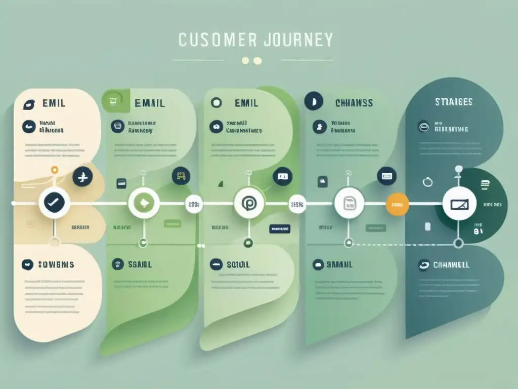 Compleja ilustración de estrategias de retención de clientes en comercio electrónico, con touchpoints y detalles sutiles en tonos suaves