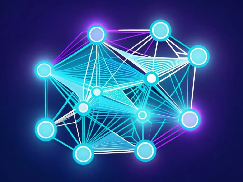 Compleja red algorítmica en tonos azules y morados, transmite sofisticación y avance tecnológico