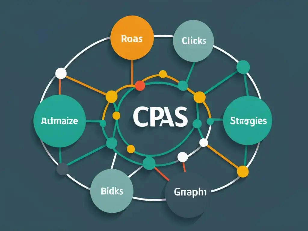 Compleja red de estrategias de pujas automáticas en ecommerce, con nodos interconectados convergiendo hacia optimización