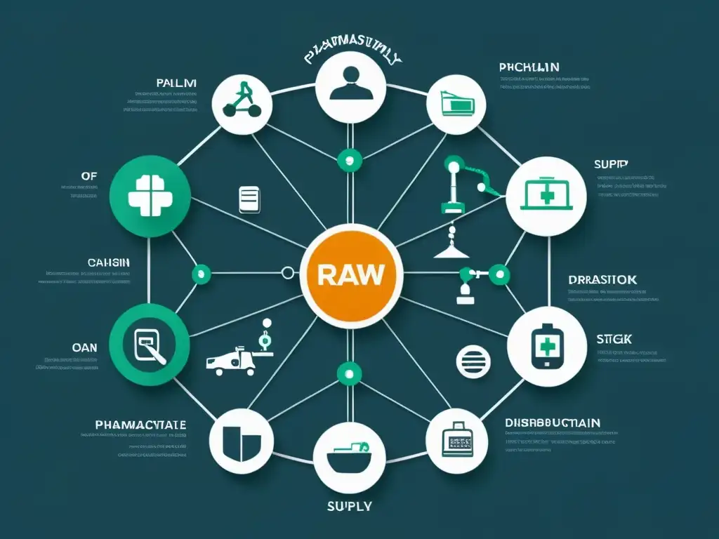 Compleja red de nodos interconectados que representan la gestión cadena suministro industria farmacéutica en un diseño minimalista ultradetallado