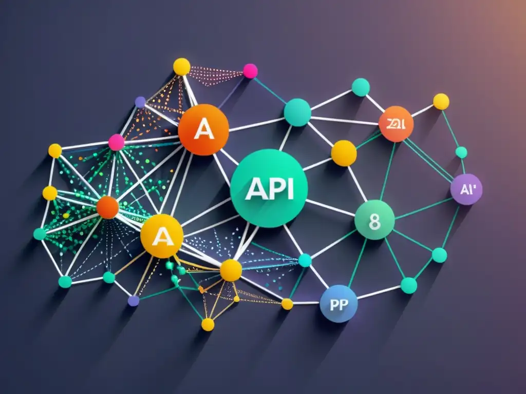 Compleja red de nodos interconectados y líneas, representando la integración de API en comercio electrónico