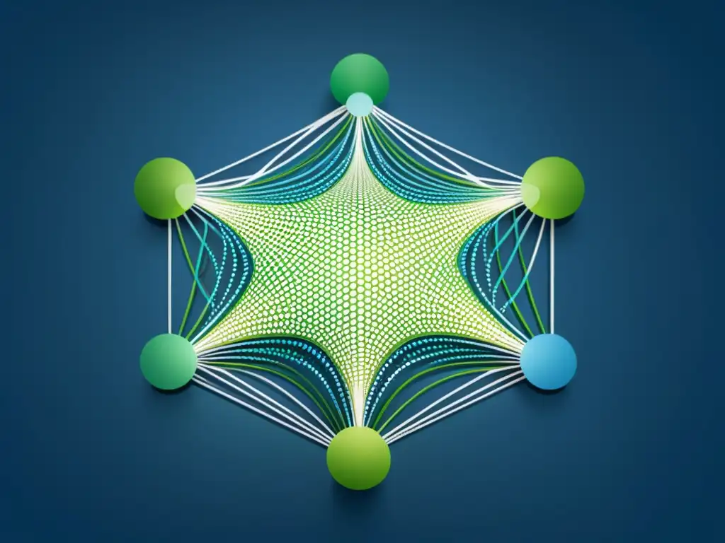 Complejidad y fluidez del análisis de datos para ecommerce en una red gráfica de tonos azules y verdes