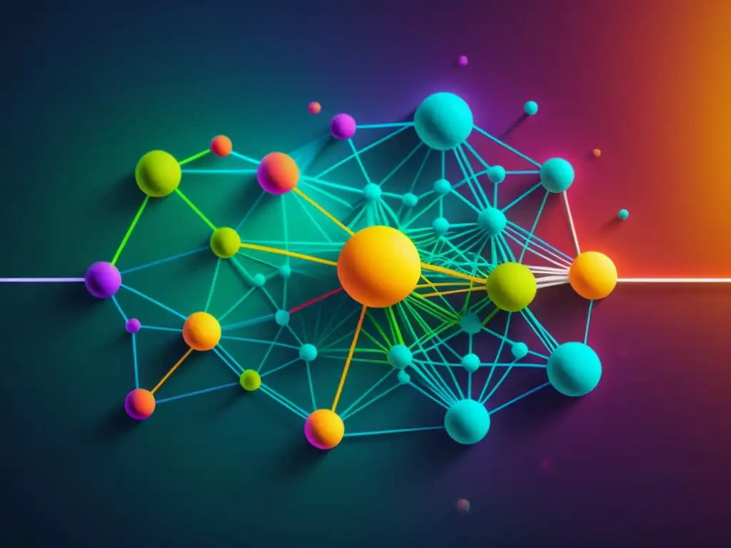 Complejo diagrama de red neuronal en vibrantes colores, simbolizando el proceso de machine learning para predicción tendencias mercado