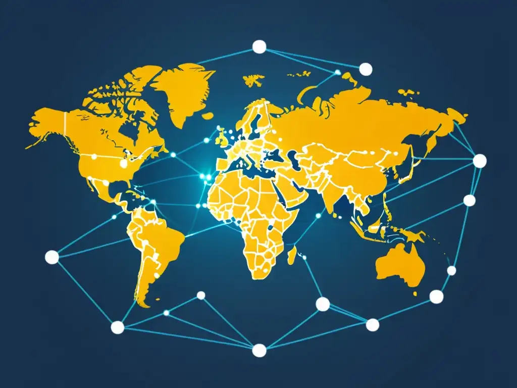 Un complejo global de hubs de comercio electrónico interconectados, representando la escalabilidad en eCommerce internacional