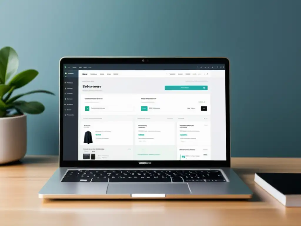 Guía completa desarrollo Ecommerce WordPress: Imagen minimalista de laptop con pantalla de dashboard WooCommerce, transmitiendo profesionalismo y sofisticación
