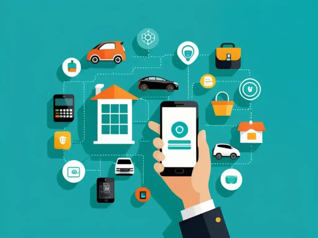 Compra con smartphone rodeado de dispositivos IoT