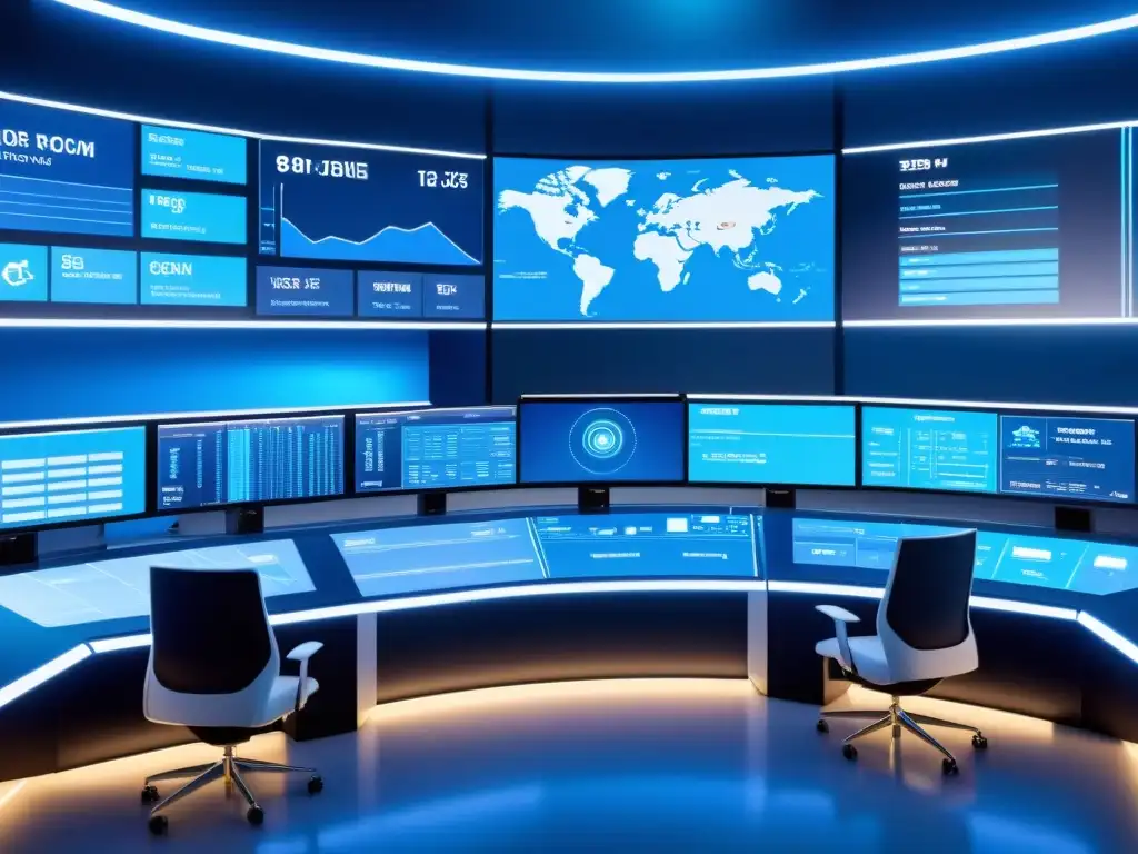 Control room futurista con análisis de datos en tiempo real para ecommerce, bañado en luz azul