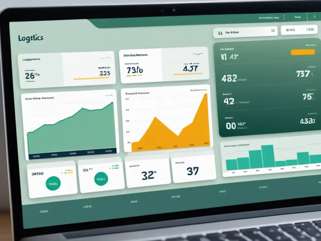 Un dashboard de logística con indicadores KPIs de envíos, gráficos y métricas de rendimiento destacados en un diseño moderno y limpio