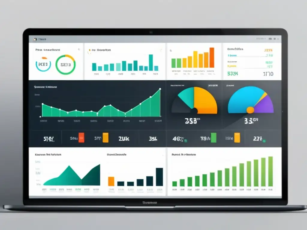 Interpretación de datos analítica web eCommerce: Panel moderno y minimalista con gráficos de líneas, tartas y barras en fondo blanco