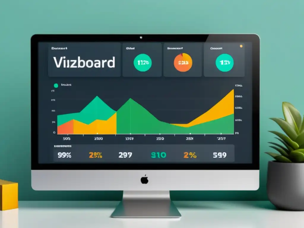 Interpretación de datos en Ecommerce: Moderno y elegante panel de visualización de datos con gráficos y colores vibrantes en pantalla de ordenador