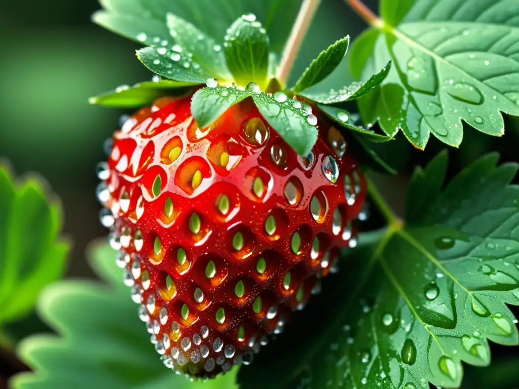 Deliciosa fresa roja con gotas de rocío, detalles nítidos y hojas verdes exuberantes