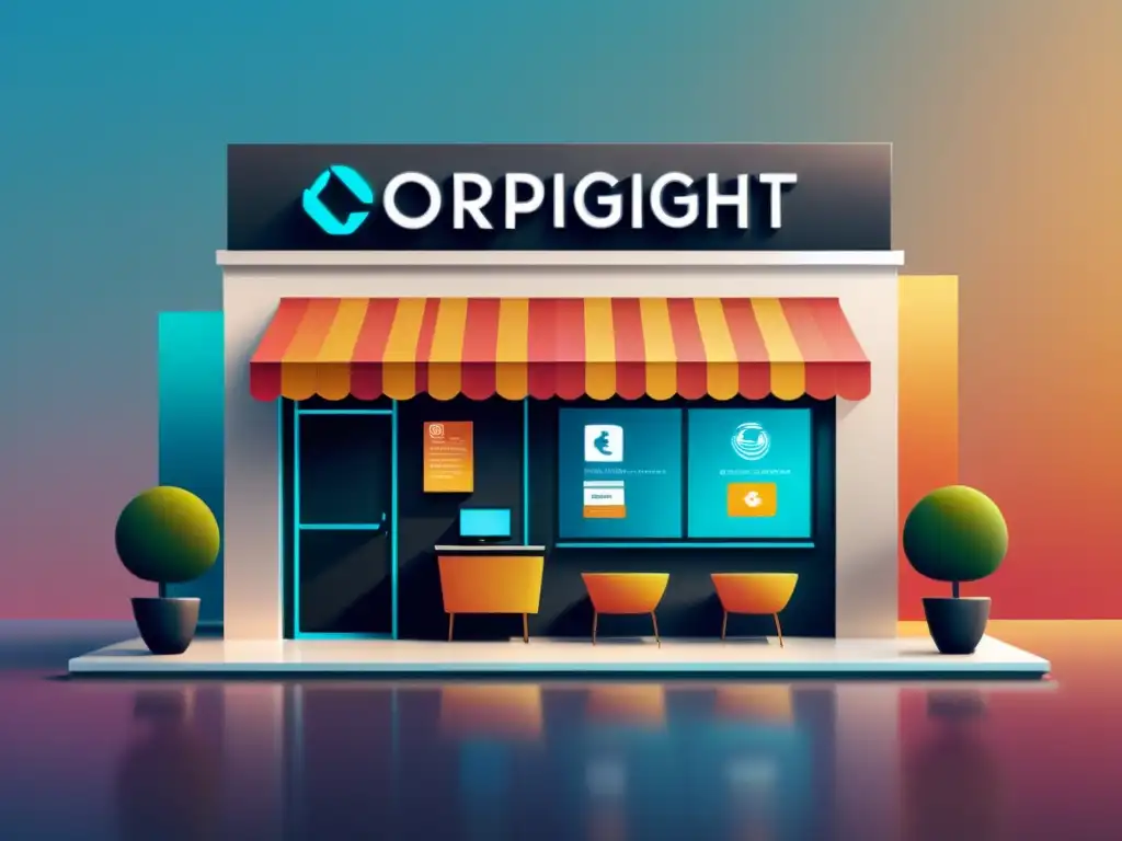 Derechos de autor en ecommerce: Una tienda digital con símbolos de copyright e iconos de propiedad intelectual, en un diseño minimalista y moderno