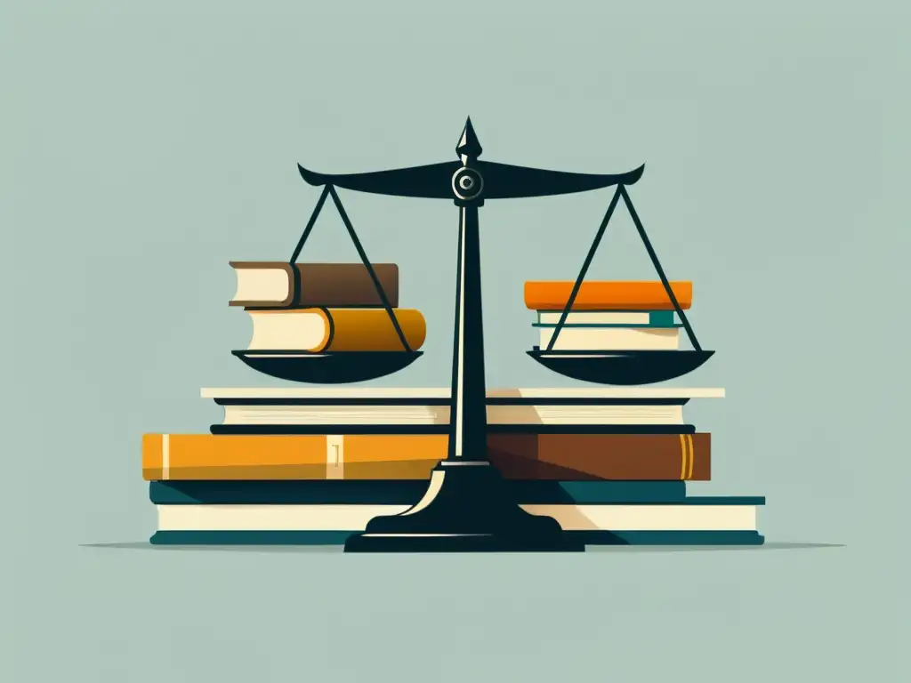 Derechos de autor en ecommerce: Ilustración minimalista de una balanza con libros y un portátil, simbolizando el equilibrio entre leyes de copyright y prácticas de ecommerce