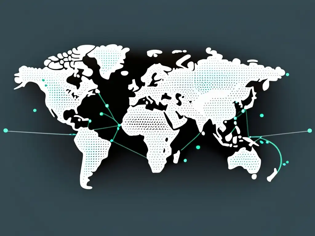 Derechos del consumidor en ecommerce transfronterizo: Imagen minimalista de red global de comercio, con líneas interconectadas y nodos, simbolizando transacciones fluidas entre fronteras