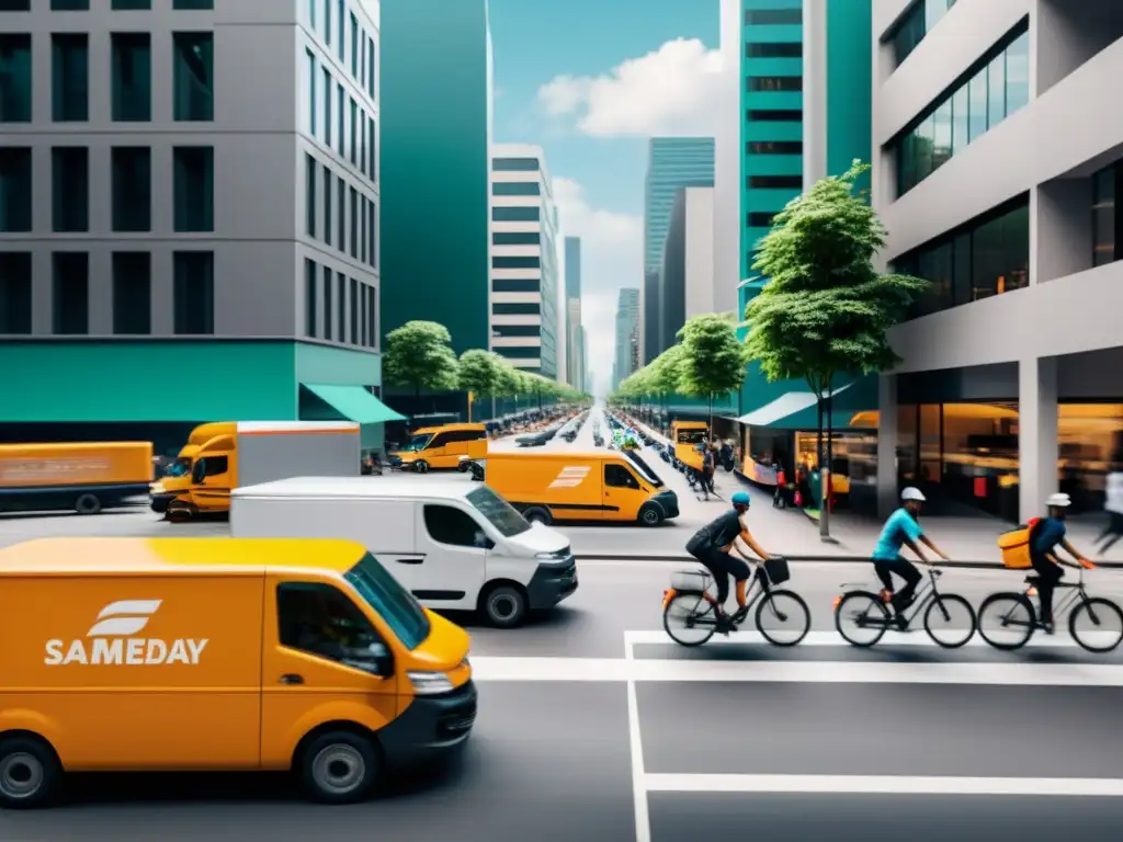 Desafío SameDay Delivery empresas adaptarse: escena urbana frenética con camiones de reparto y ciclistas entre el tráfico, capturando la energía y dinamismo de la logística de entrega en la ciudad moderna