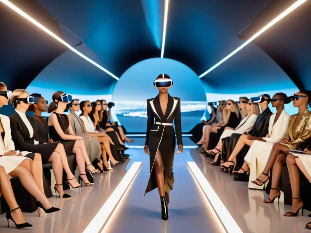 Transformación de desfiles de moda en ecommerce: Imagen detallada de una pasarela virtual con modelos digitales y audiencia en VR