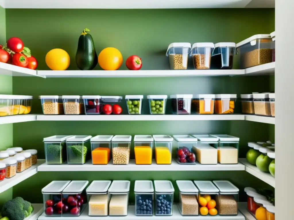 Una despensa moderna y bien organizada llena de alimentos frescos y coloridos