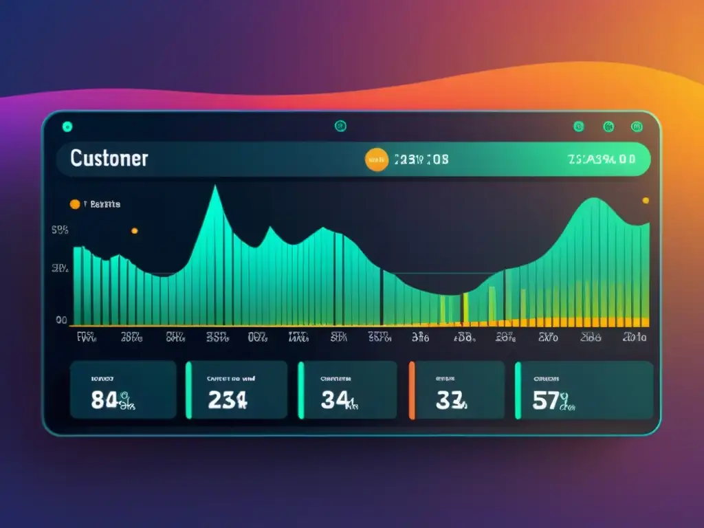 Visualización detallada de un dashboard online futurista, destacando patrones de compra y conexiones vibrantes