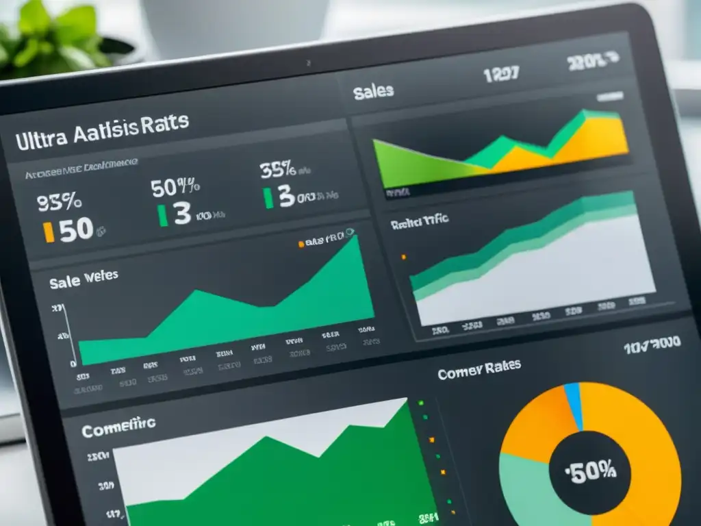 Detallada visualización de un panel de análisis digital con métricas de estrategias marketing suplementos nutricionales ecommerce