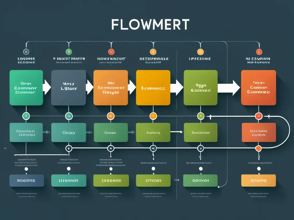 Un detallado diagrama 8k muestra el ciclo de vida del cliente en ecommerce con un diseño minimalista y profesional