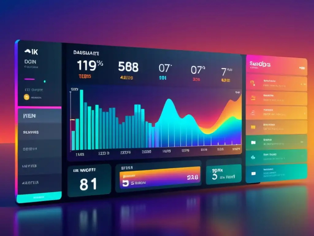 Detallado panel digital muestra Análisis de Sentimiento en Reputación Online con gráficos dinámicos y colores vibrantes