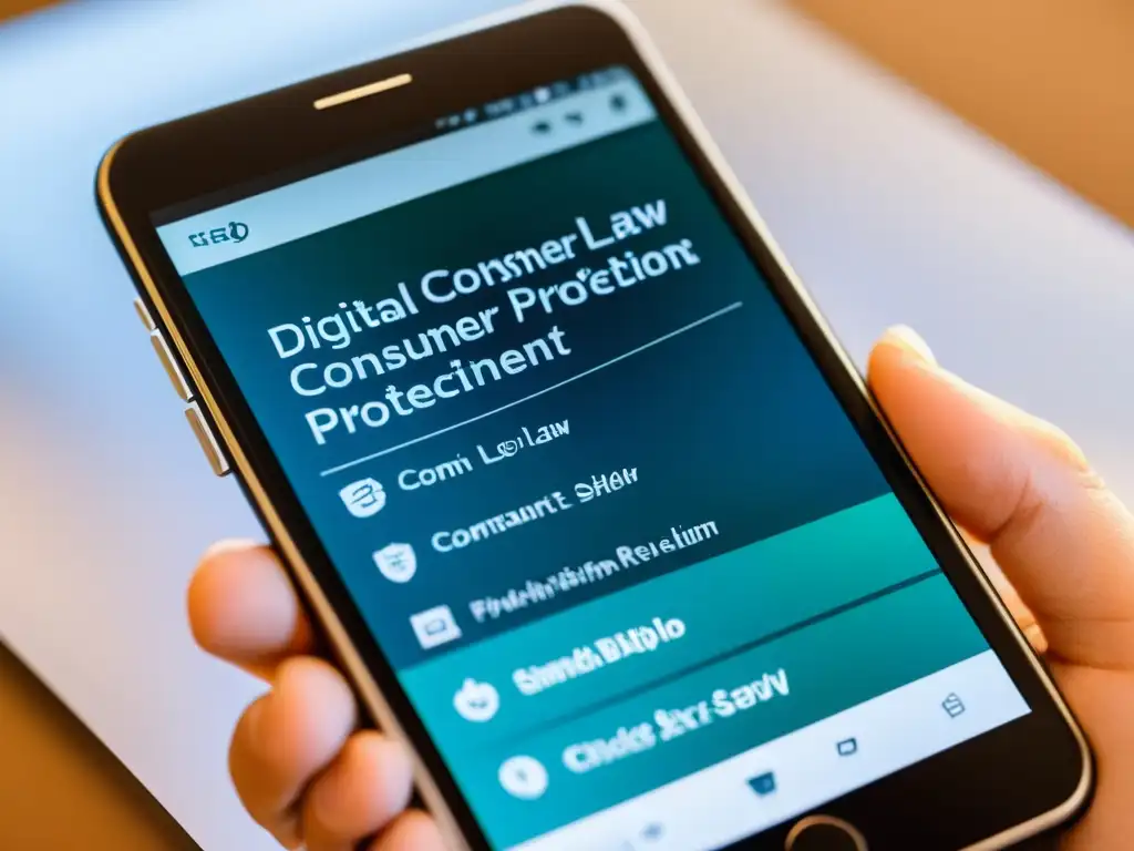 Detalle en alta resolución de pantalla de smartphone mostrando la Ley de Defensa del Consumidor digital en diseño minimalista y profesional