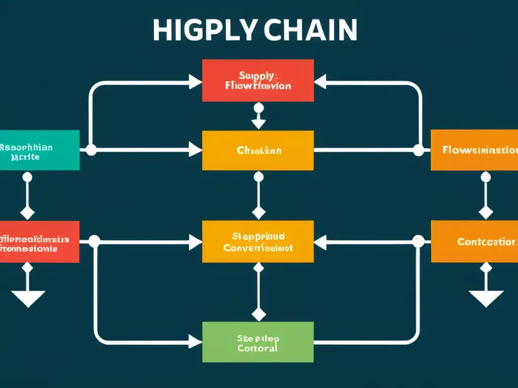 Detalle de un diagrama de flujo de la cadena de suministro, con diseño minimalista y colores vibrantes que representan distintas etapas del proceso