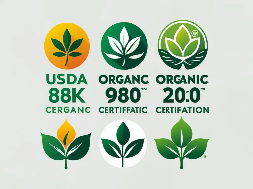 Detalle impresionante de certificaciones orgánicas como USDA y EU Organic en un fondo blanco, resaltando la importancia en el comercio electrónico